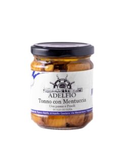 Tuna with mint, raisins, and pine nuts in a jar - Adelfio